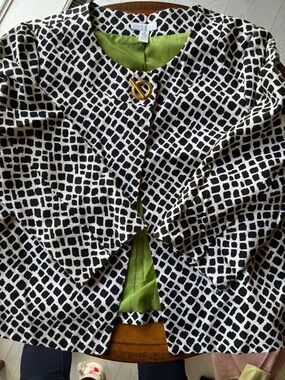 Charter Club Black and Ivory Geometric Textured Jacket with Gold Tone Closure